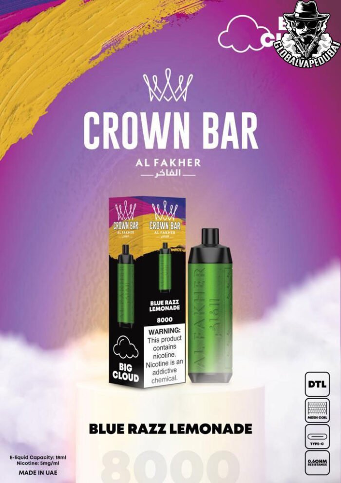 Blue-Razz-Lemonade Al Fakher 8000 Puffs Crown Bar Disposable 5mg - Image 6