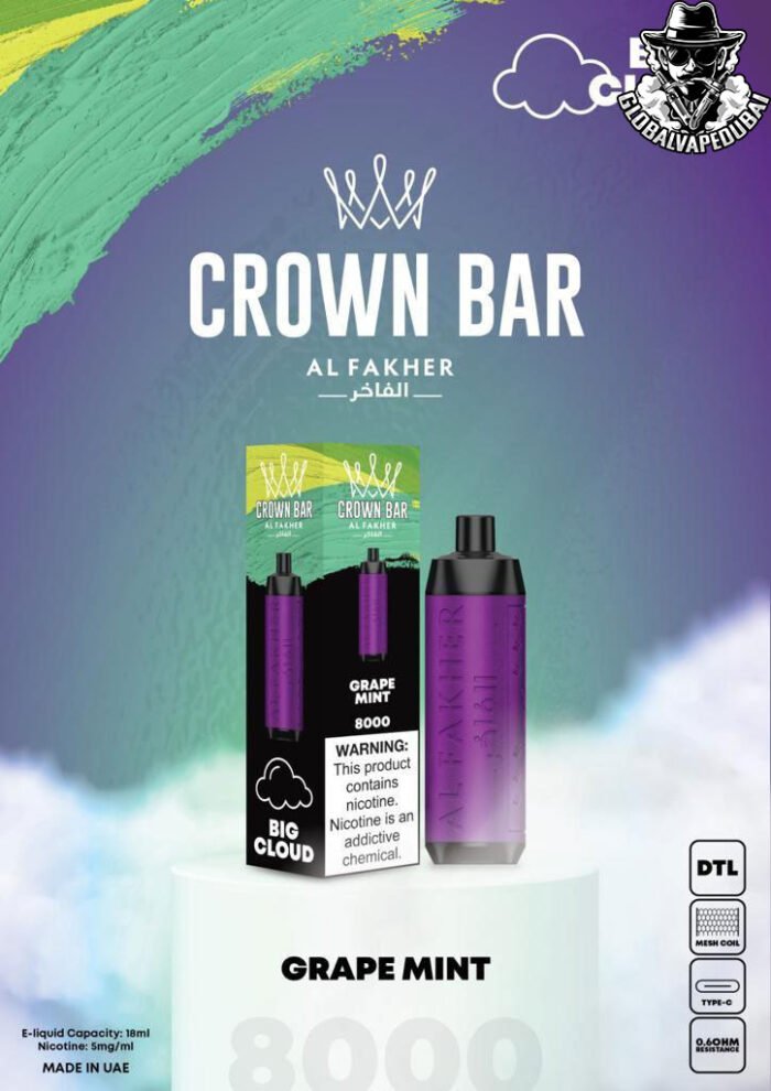 Grape-Mint Al Fakher 8000 Puffs Crown Bar Disposable 5mg - Image 8