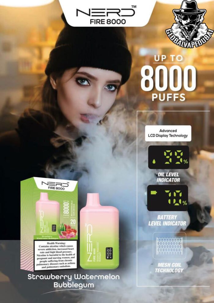 Strawberry-Watermelon-Bubblegum Nerd Bar Fire 8000 Puffs Disposable - Image 19