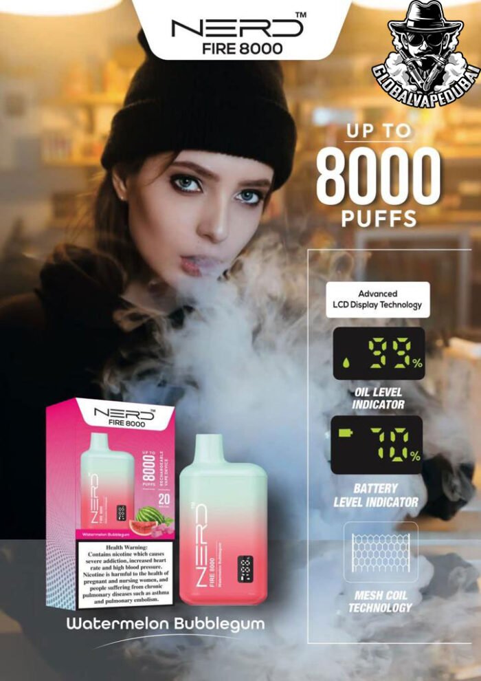 Watermelon-Bubblegum Nerd Bar Fire 8000 Puffs Disposable - Image 20