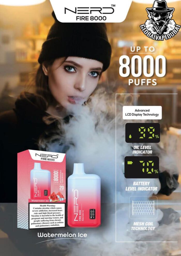 Watermelon-Ice Nerd Bar Fire 8000 Puffs Disposable - Image 21